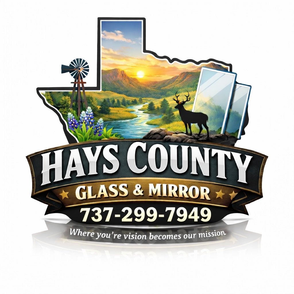 A logo for Hays County Glass & Mirror, featuring a scenic Texas landscape with a river, mountains, and a windmill.